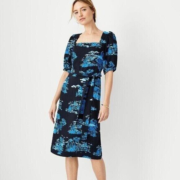 NEW SP Small Ann Taylor Floral Toile Square Neck Shift Dress in Night Sky (Blue) - Picture 1 of 6